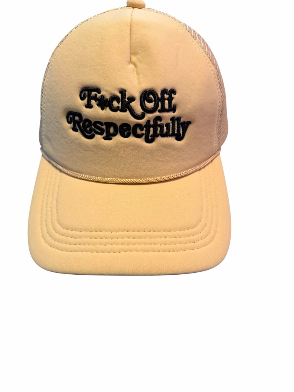 Women’s Beige Trucker Hat with Black Embroidered Slogan